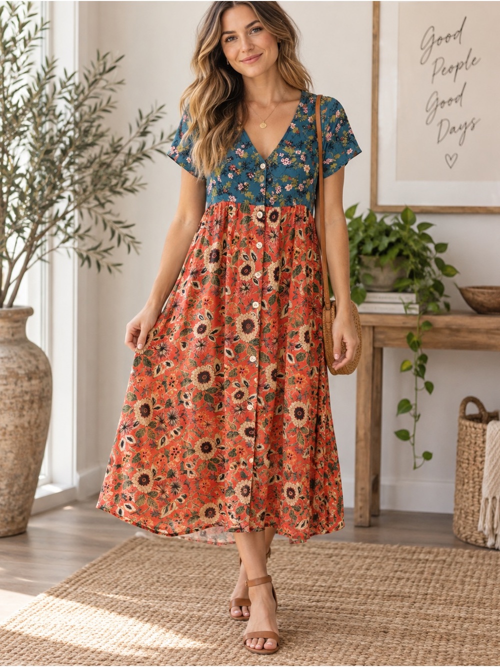 Natural Life Women’s Small Mixed Floral Boho Midi Maxi Dress Button Front